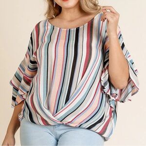Umgee Stripes Chiffon Blouse Flutter Sleeves Lightweight